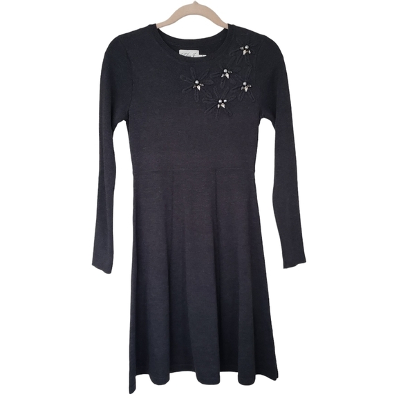 Eliza J Dark Gray Long Sleeve Fit & Flare Knit Dress With Embellishments - Picture 2 of 9